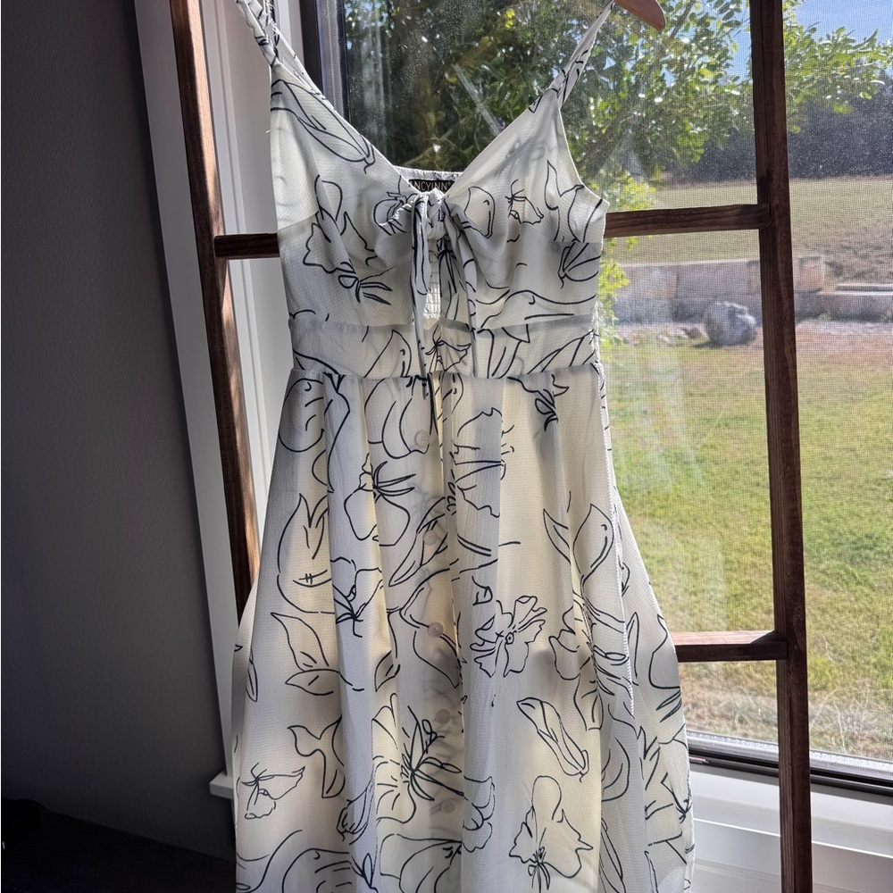 Fancyinn White Dress with Navy Floral Line Print